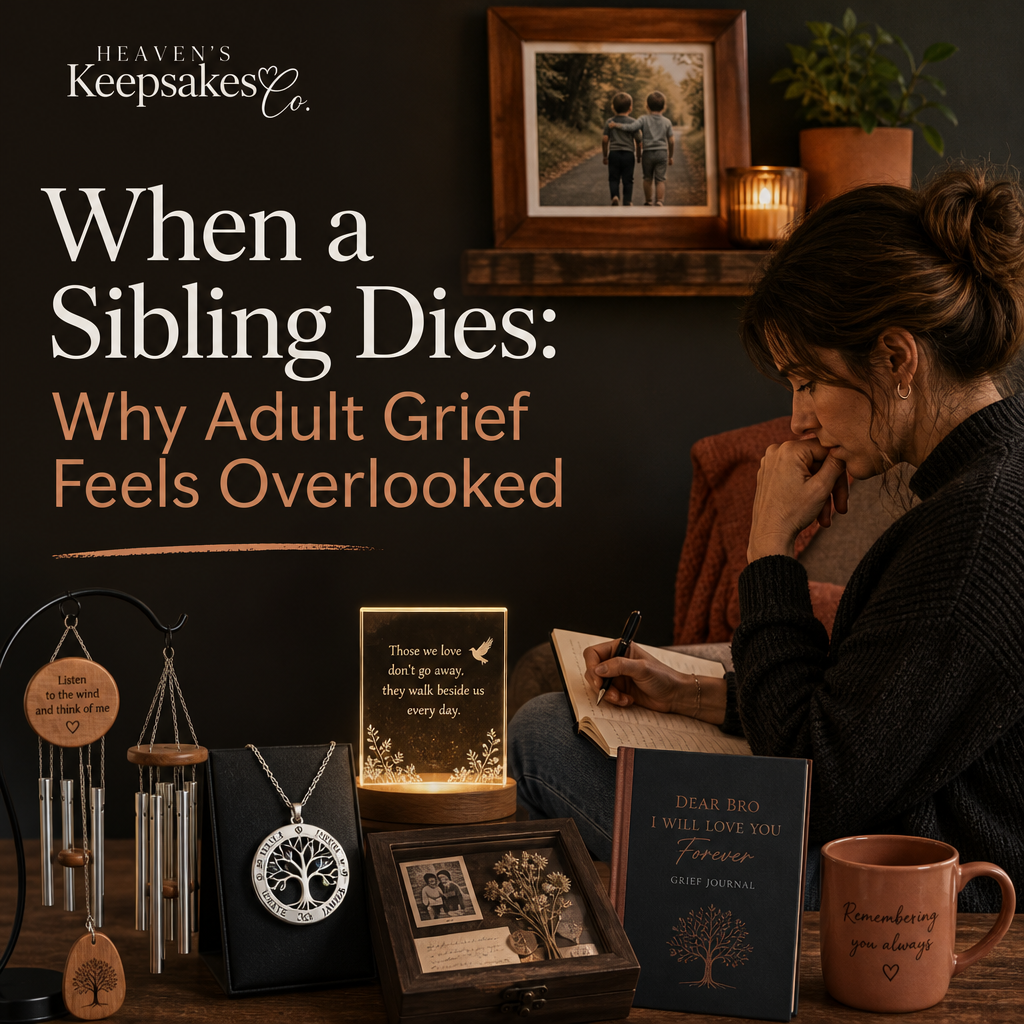 Editorial cover showing a memory box, framed photograph, remembrance jewelry, and dried botanicals beside the headline “When a Sibling Dies: Why Adult Grief Feels Overlooked.”