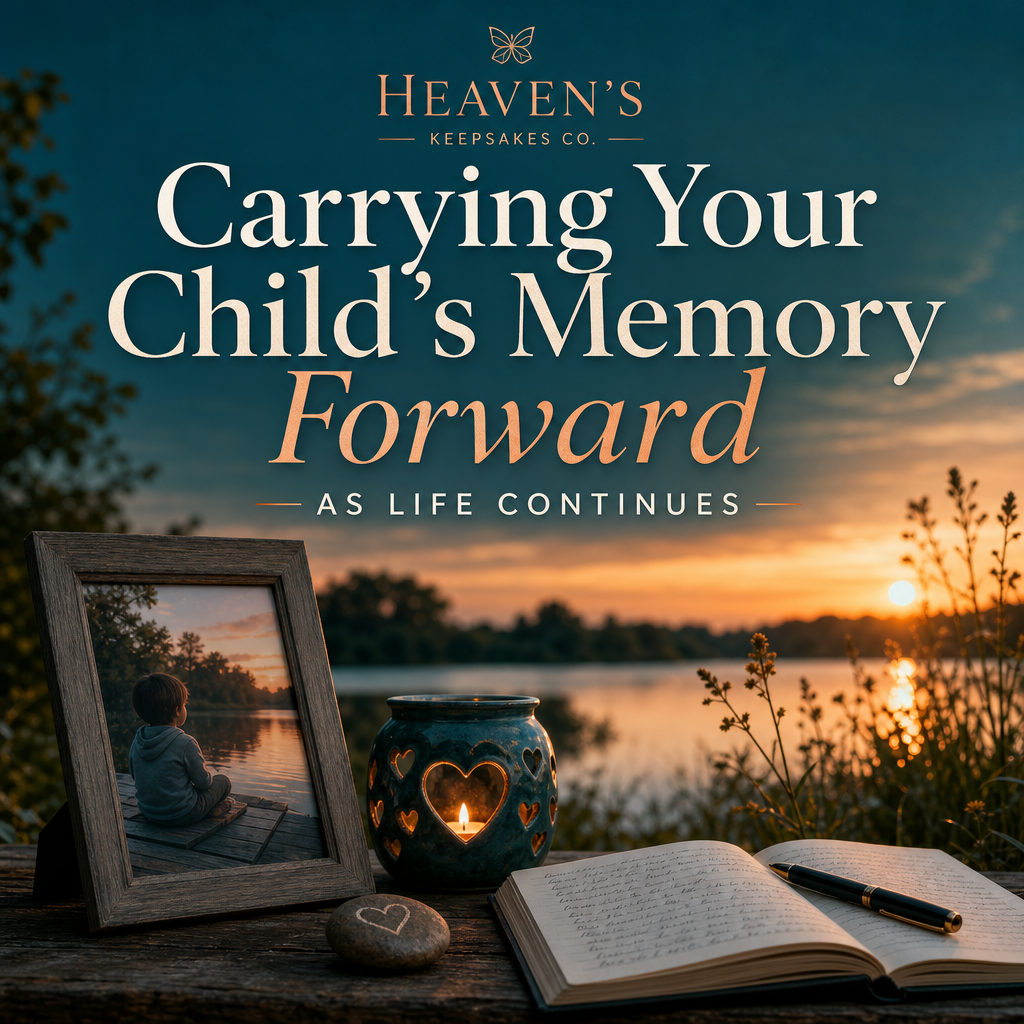 Editorial cover with the headline “Carrying Your Child’s Memory Forward as Life Continues” beside a wooden memory box holding photographs and keepsakes in warm natural light.