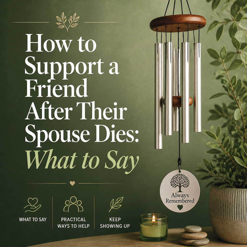 Editorial cover showing a framed couple’s photo, condolence card, flowers, candle, and practical care items beside the headline “How to Support a Friend After Their Spouse Dies: What to Say, Do, and Keep Doing.”