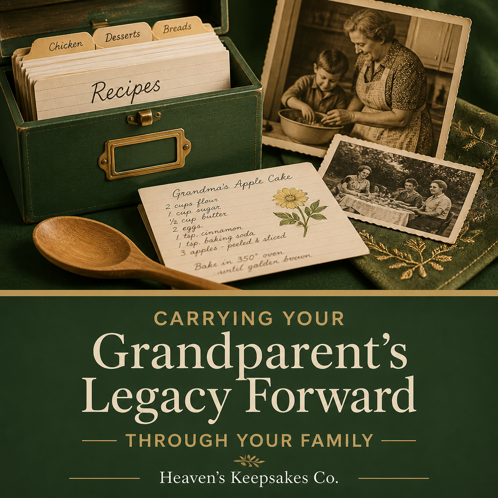 A family table with a recipe book, memory box, photographs, and hands sharing a traditional skill beside the headline “Carrying Your Grandparent’s Legacy Forward Through Your Family.”