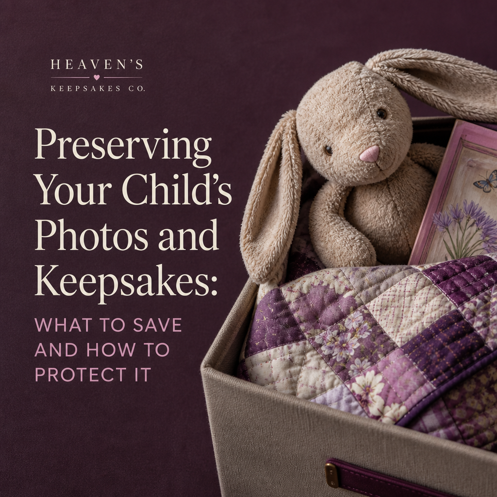 Open memory box with protected photographs, a child’s drawing, handwritten note, folded clothing, and jewelry beside the headline “Preserving Your Child’s Photos and Keepsakes: What to Save and How to Protect It.”