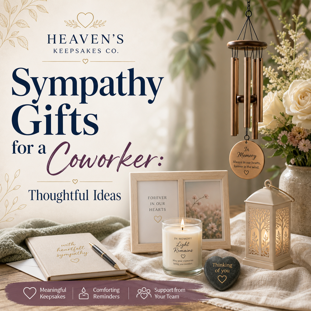 A thoughtful workplace condolence gift arrangement with a sympathy card, framed keepsake, memorial candle, florals, and wrapped gift beside the headline “Best Sympathy Gifts for a Coworker.”