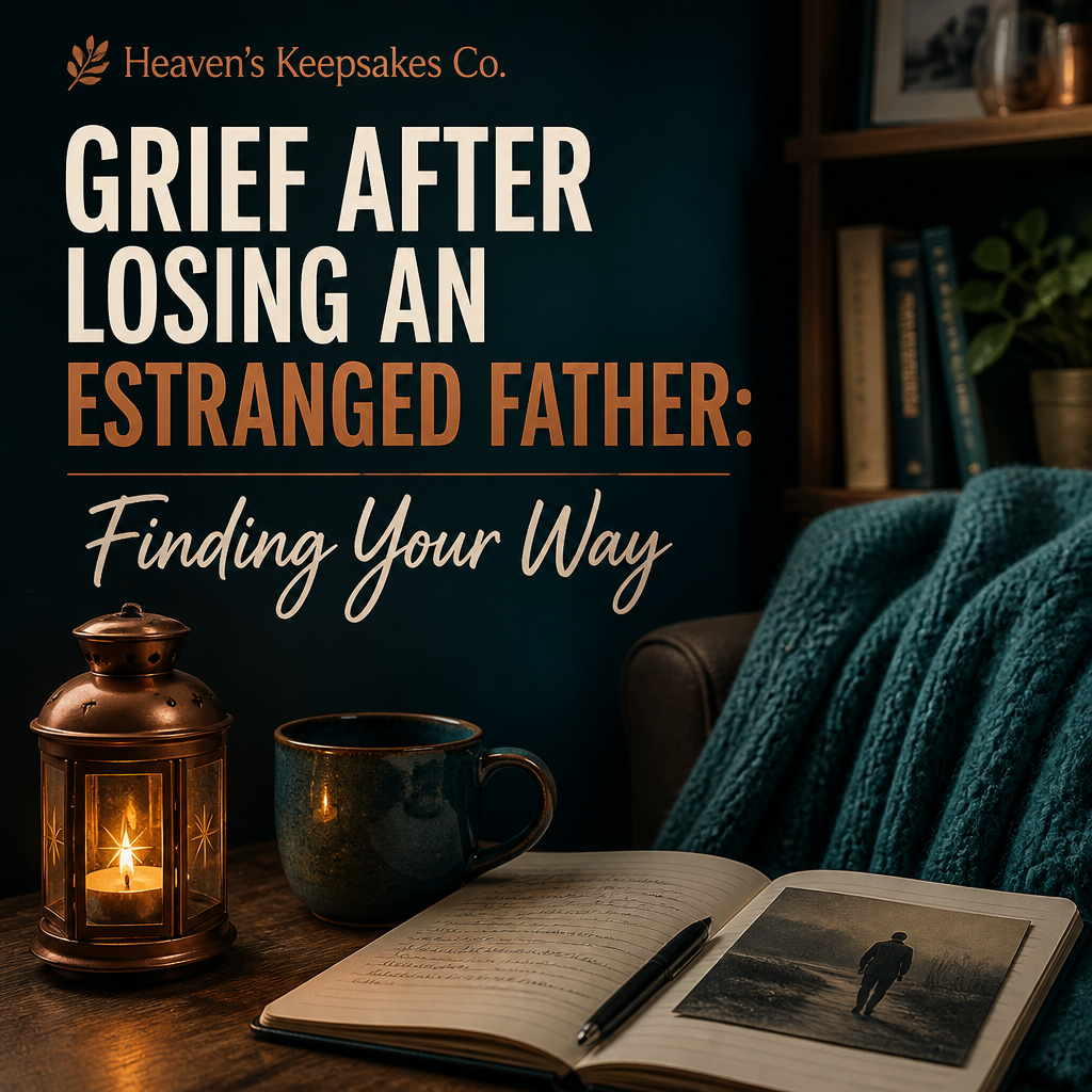 Editorial cover reading “When Losing Your Dad Feels Complicated” beside a quiet memory box with letters, photographs, a candle, and a botanical branch.