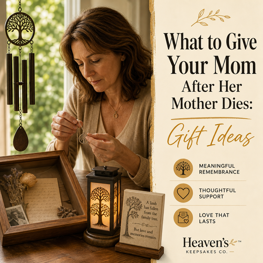 Editorial cover showing a memorial pendant, framed family photograph, memory box, and softly glowing lantern beside the headline “What to Give Your Mom After Her Mother Dies: Compassionate Memorial Gift Ideas.”