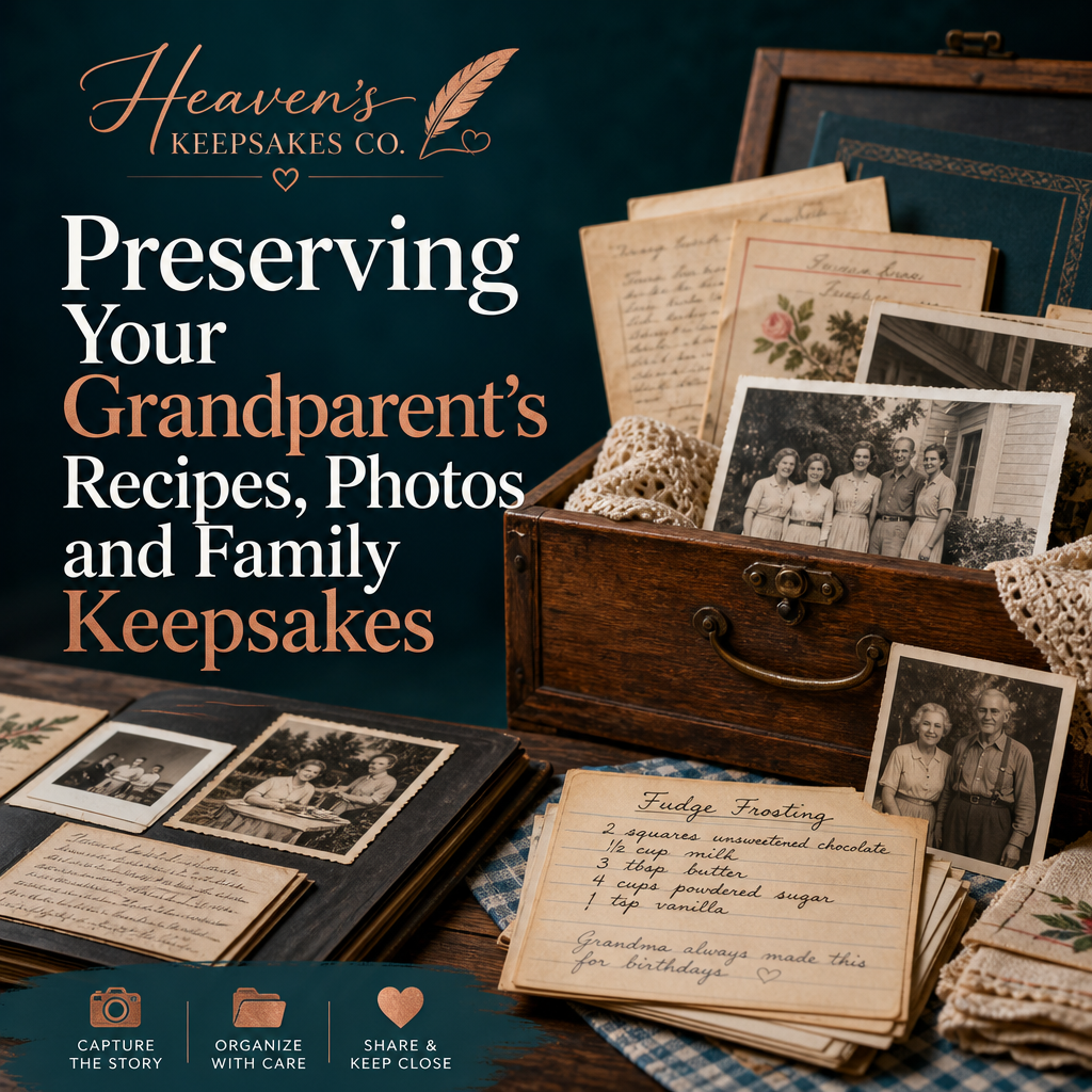 Editorial cover with the headline “Preserving Your Grandparent’s Recipes, Photos & Family Keepsakes” beside a memory box holding handwritten recipes, labeled photographs, letters, jewelry, clothing, a book, and household keepsakes.