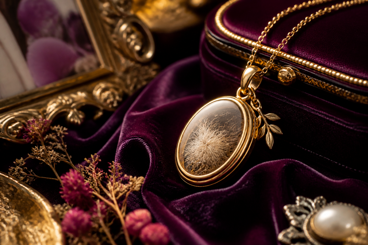 Hands placing a small lock of pet fur into a clear keepsake vial at home
