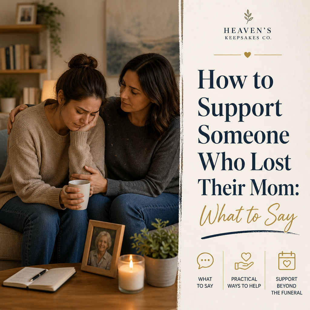 A sympathy card, framed family photograph, flowers, and candle arranged on a table beside the headline “How to Support Someone Who Lost Their Mom: What to Say, Do, and Avoid.”