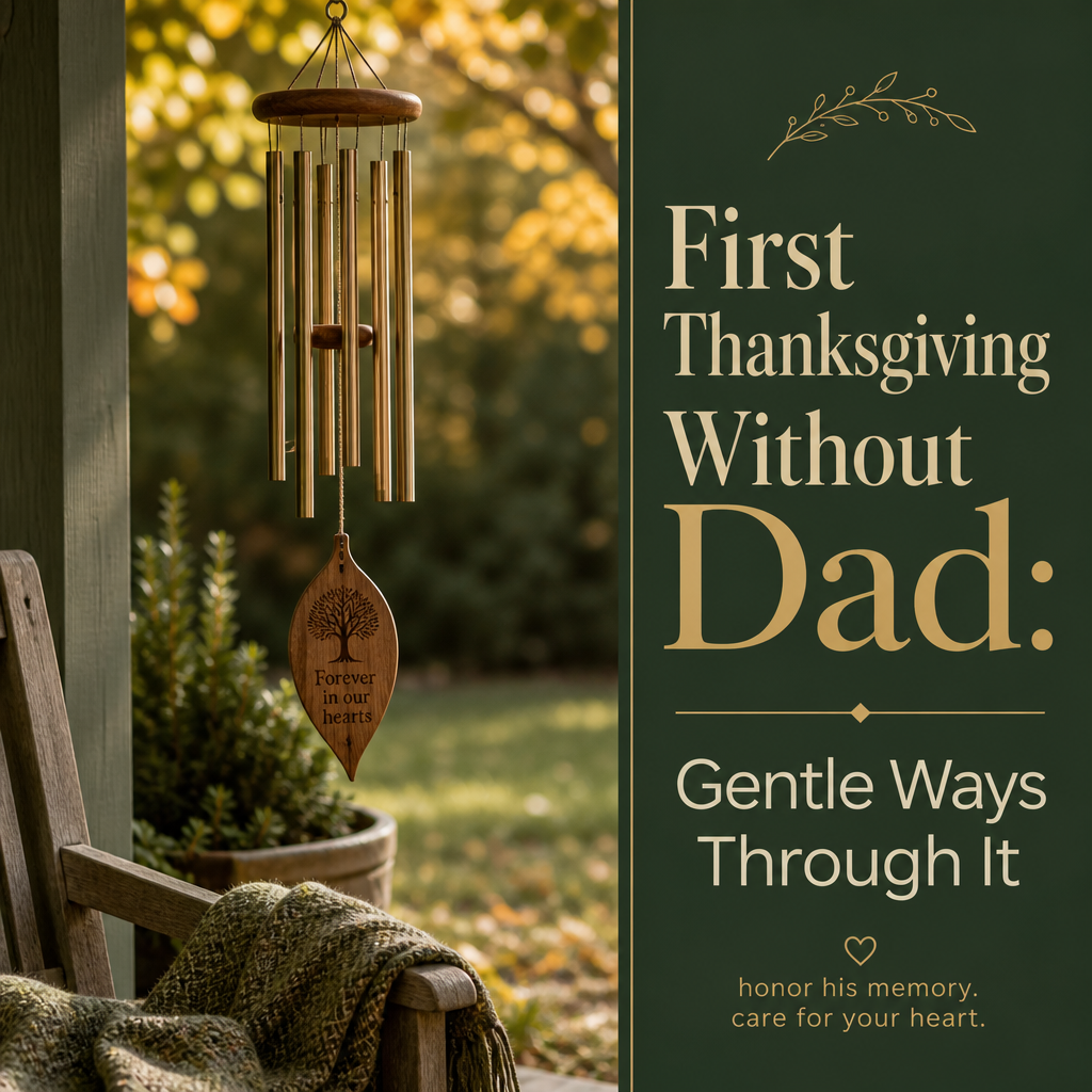 Editorial cover showing a Thanksgiving remembrance table with a framed photo, candle, memory card, and keepsake beside the headline “First Thanksgiving Without Dad: Gentle Ways to Get Through the Day.”