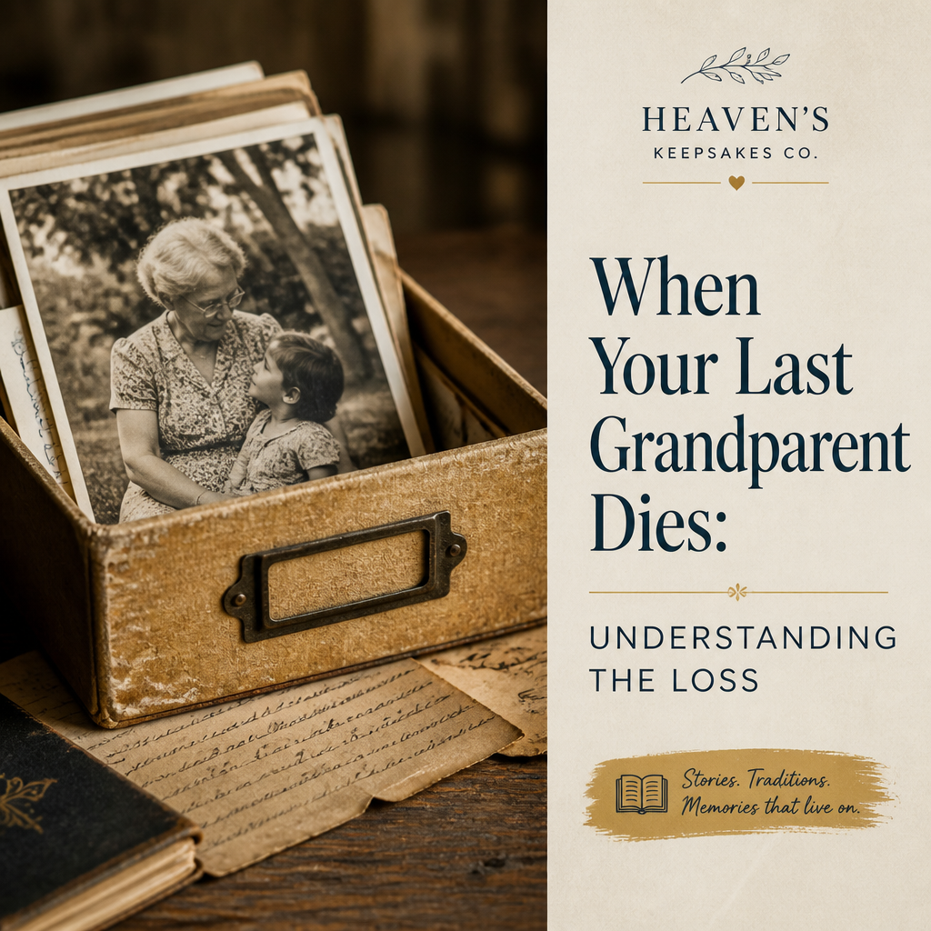 Memory box with family photographs, handwritten notes, a framed portrait, and a keepsake journal beside the headline When Your Last Grandparent Dies: Understanding the Loss.