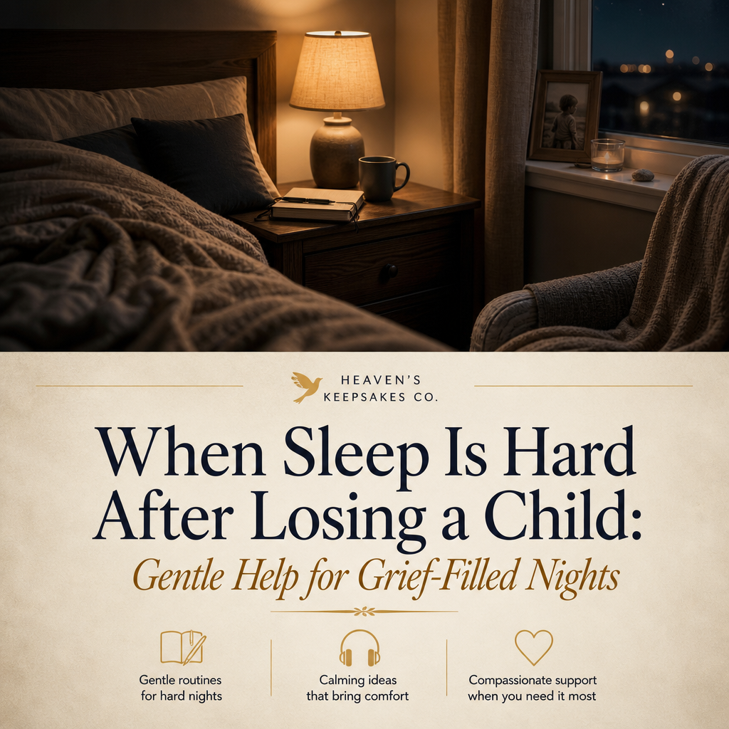 Editorial cover with the headline “When Sleep Is Hard After Losing a Child: Gentle Help for Grief-Filled Nights” beside a warm bedside scene with a journal, lamp, blanket, cup, and framed remembrance photograph.