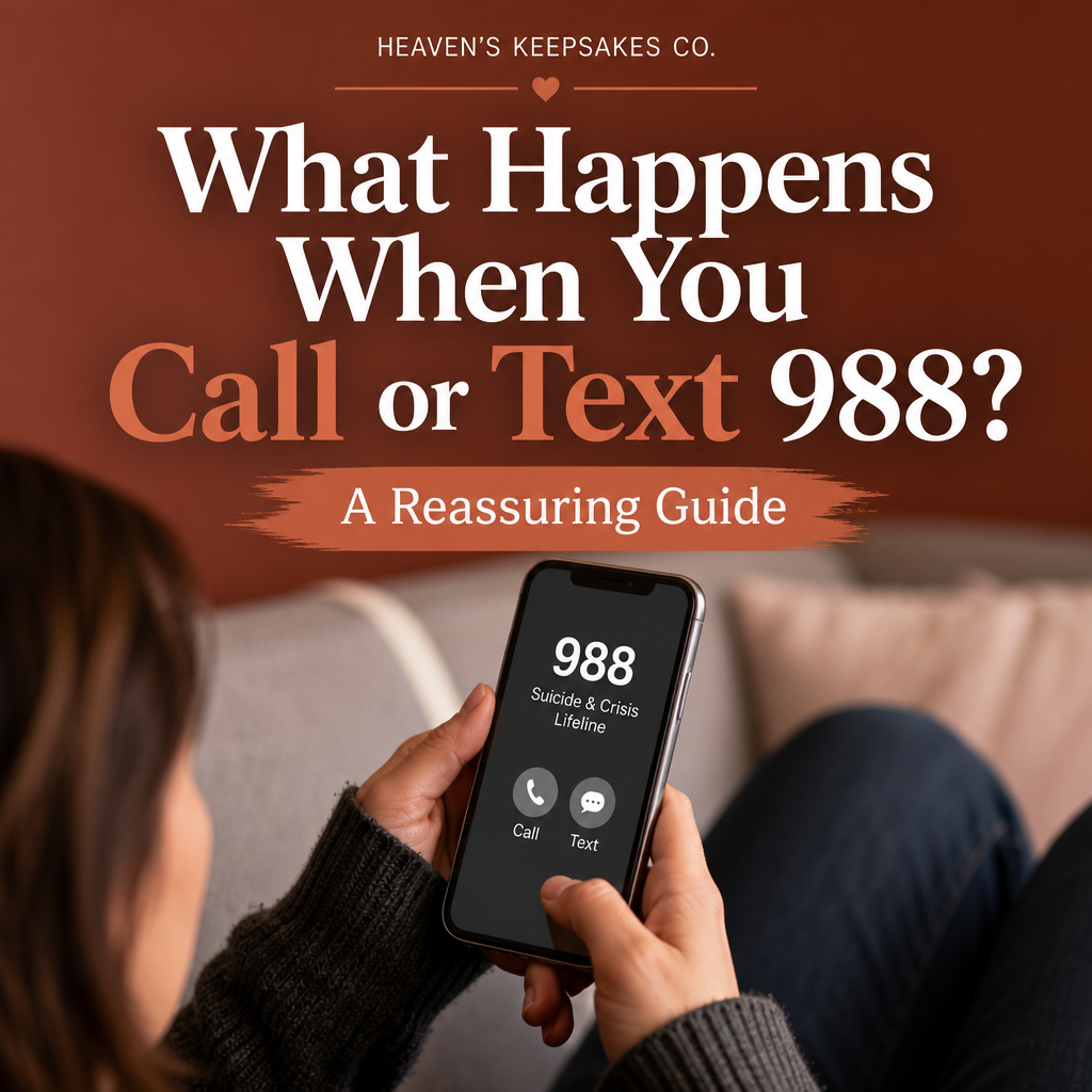A supportive phone-call scene with a smartphone, mug, notepad, and lamp beside the headline “What Happens When You Call or Text 988? A Reassuring Guide.”