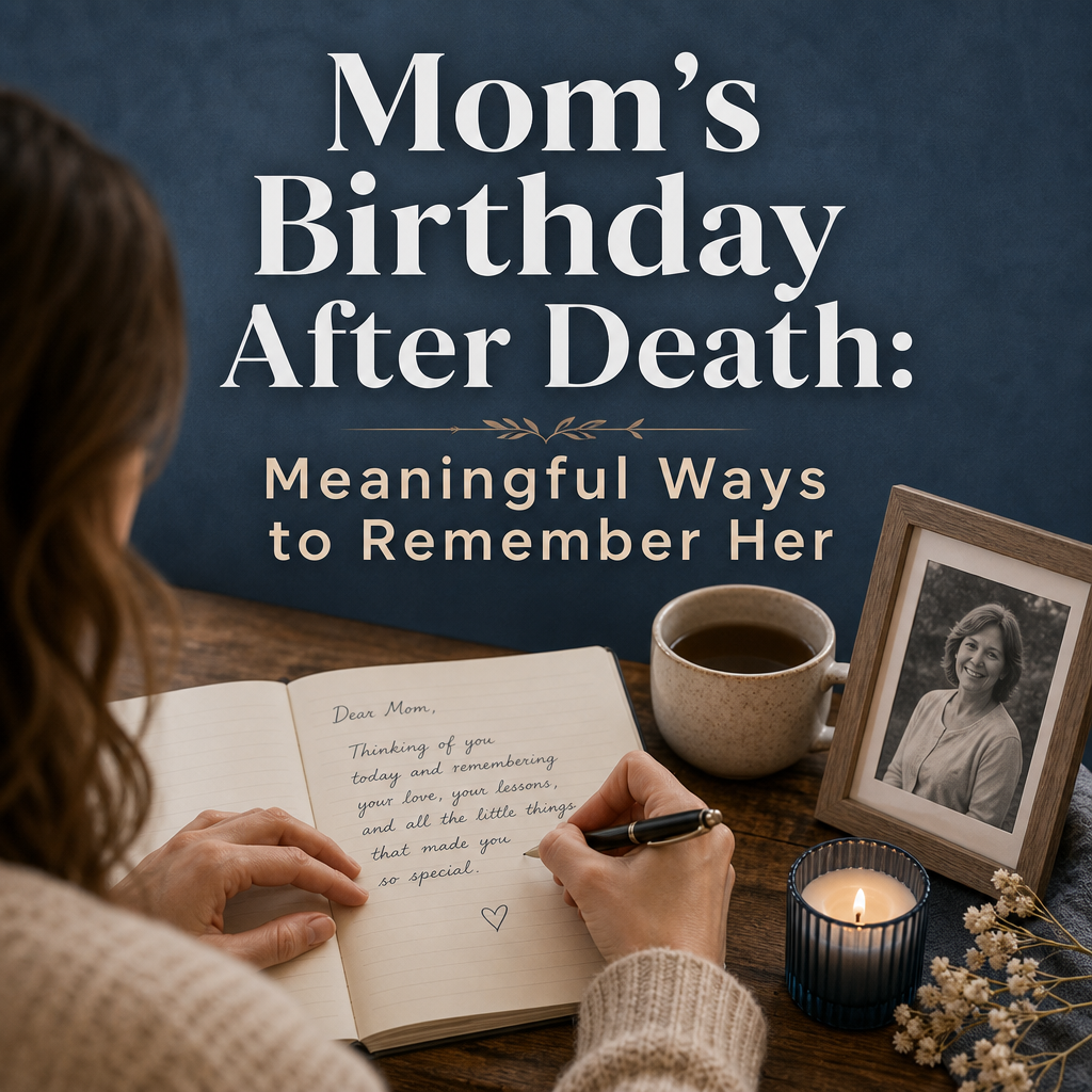 A framed photo, handwritten birthday letter, flowers, candle, and keepsake arranged beside the headline “Mom's Birthday After Death: Meaningful Ways to Remember Her.”