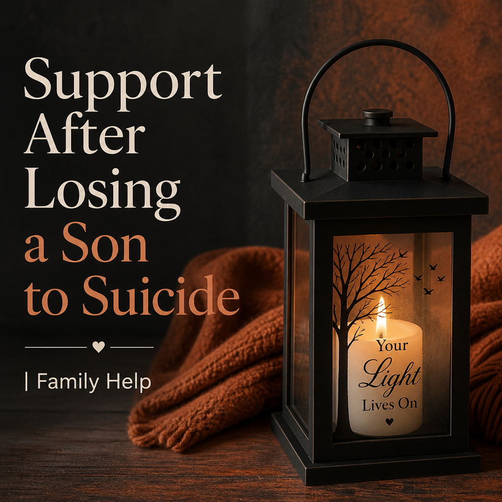 Editorial remembrance scene with a memory box, journal, letters, flowers, and candle beside the headline “After Losing a Son to Suicide: Compassionate Support, Family Conversations, and Resources.”