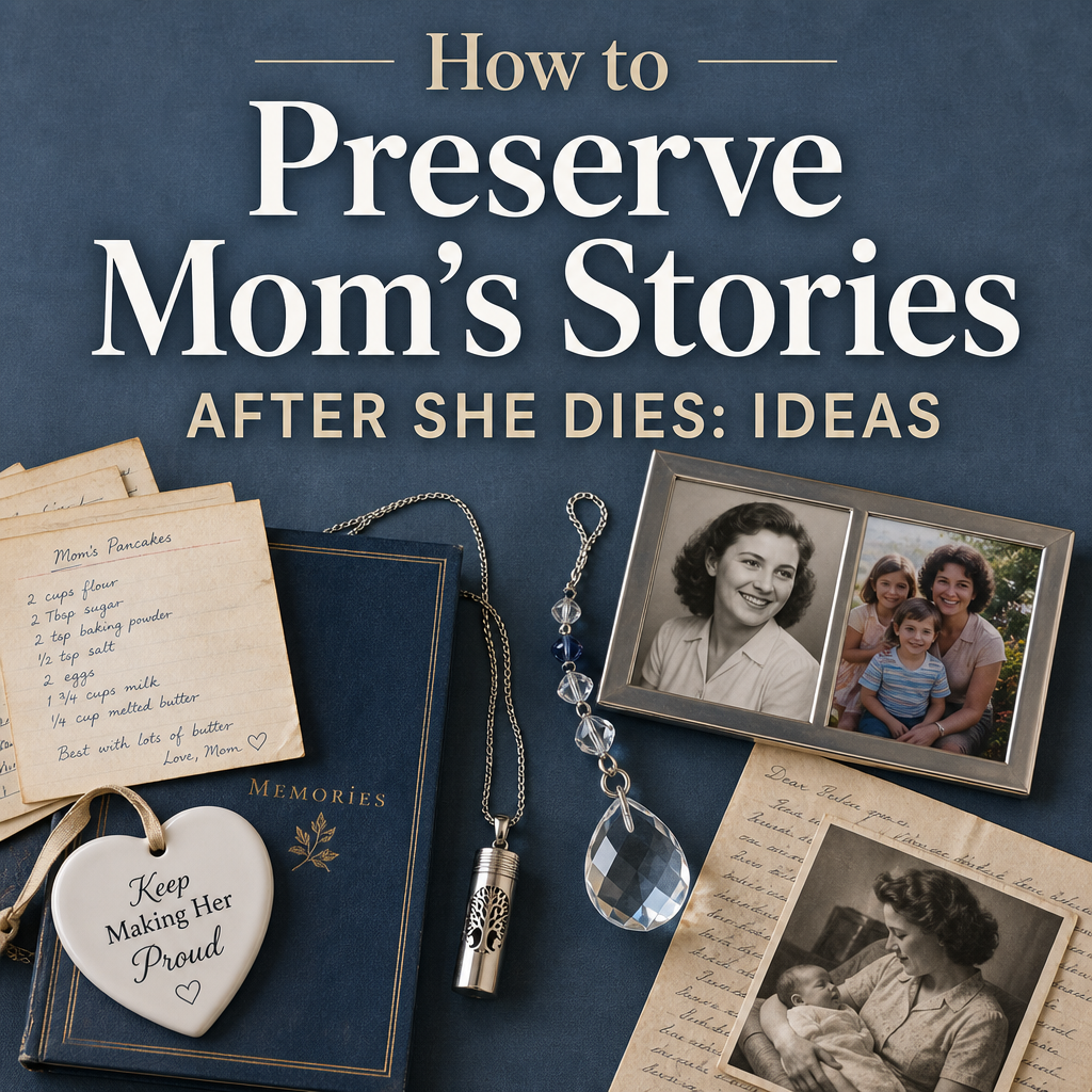 A remembrance table with a family memory journal, recipe cards, framed portrait, keepsake box, and candle beside the headline “How to Preserve Mom’s Stories After She Dies.”