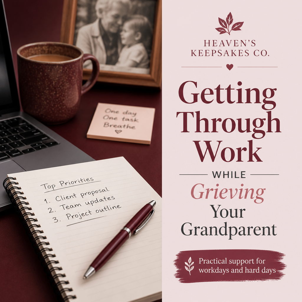 Editorial cover with the headline “Getting Through Work While Grieving Your Grandparent” beside a softly lit desk with a notebook, tea, framed photograph, and remembrance object.