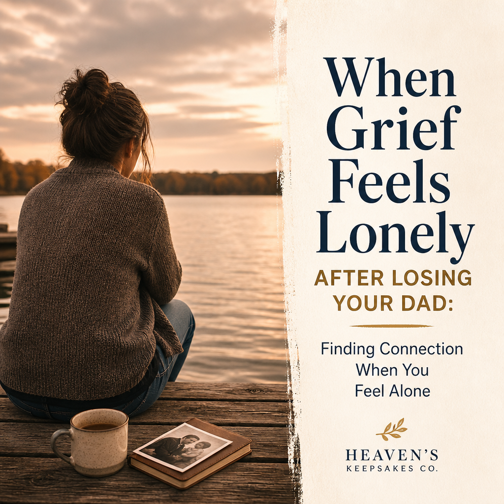 Editorial cover with the headline “When Grief Feels Lonely After Losing Your Dad: Finding Connection When You Feel Alone” beside a warmly lit memory box, family photograph, letters, tea, and flowers on a quiet table.