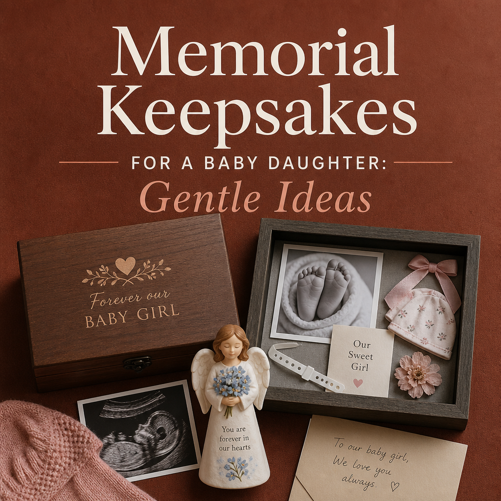 Editorial cover with the headline “Memorial Keepsakes for a Baby Daughter: Gentle Ways to Honor Her Memory” beside an ivory memory box containing baby mementos, a framed keepsake, dried botanicals, and a candle.