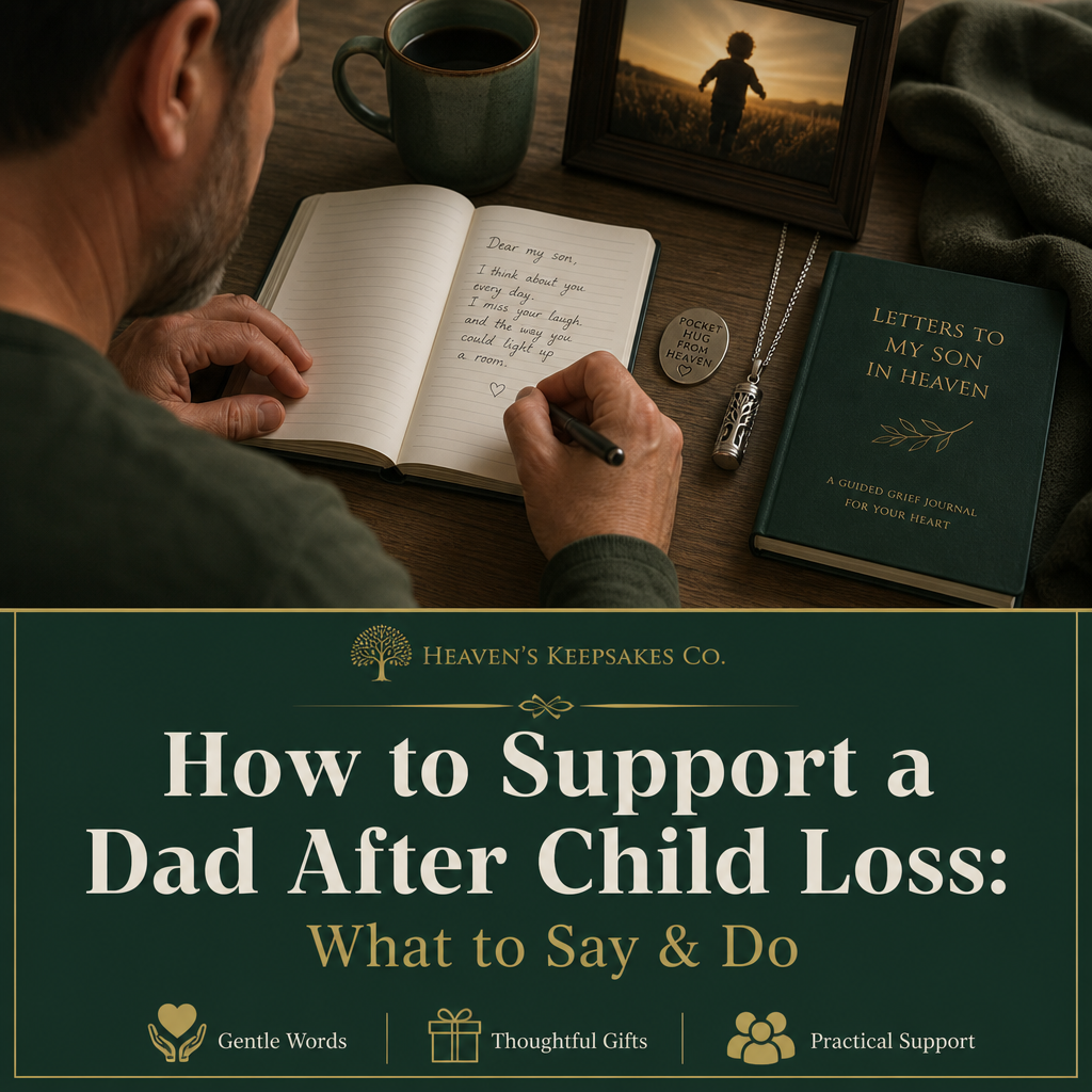 Editorial cover showing a framed family photo, sympathy card, keepsake box, flowers, and memorial pendant beside the headline “How to Support a Dad After Child Loss: What to Say & Do.”