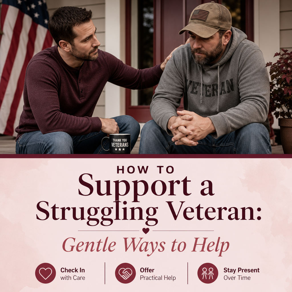 Editorial cover reading “How to Support a Veteran Who Is Struggling” beside tea, a handwritten note, family photo, and veteran remembrance coin arranged in warm light.