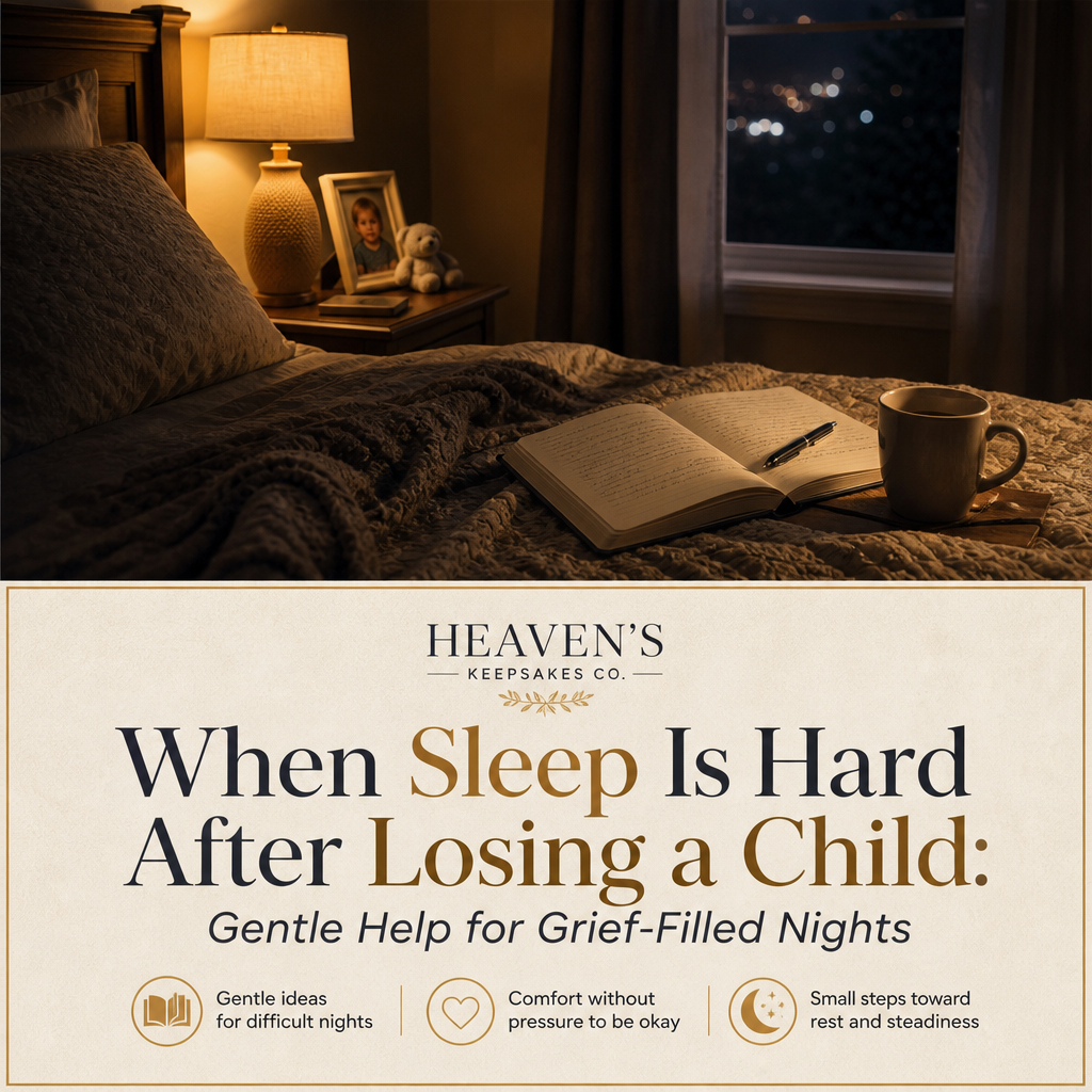Editorial cover with the headline “When Sleep Is Hard After Losing a Child: Gentle Help for Grief-Filled Nights” beside a warm bedside scene with a journal, lamp, blanket, cup, and framed remembrance photograph.