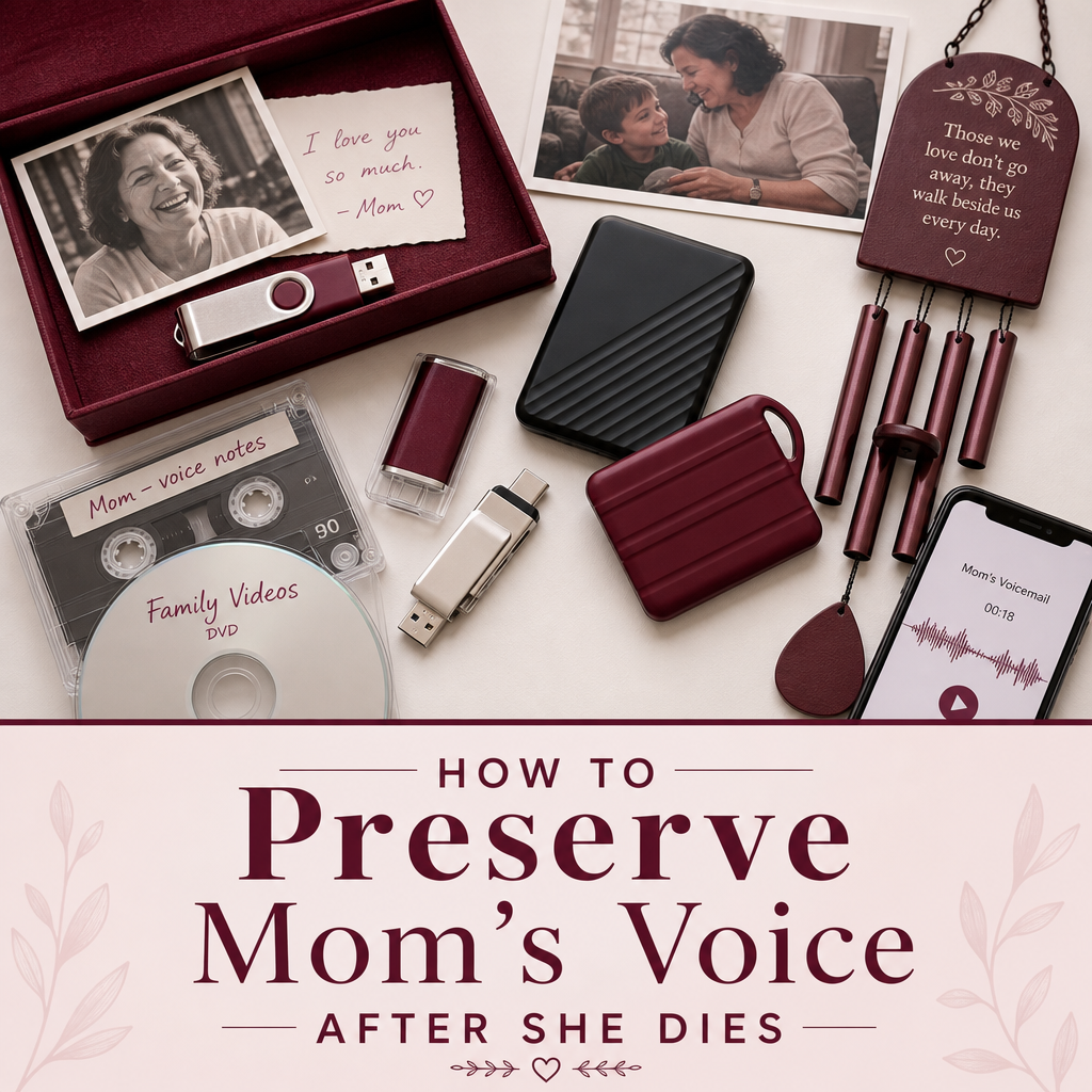 Editorial memorial scene with a phone showing an audio waveform, family photographs, a memory box, and storage drive beside the headline “How to Preserve Mom’s Voice After She Dies.”