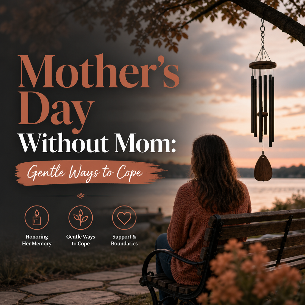 Editorial cover reading “Mother’s Day Without Mom: Gentle Ways to Face the Day” beside a softly lit remembrance table with a framed photo, flowers, note, and keepsake box.