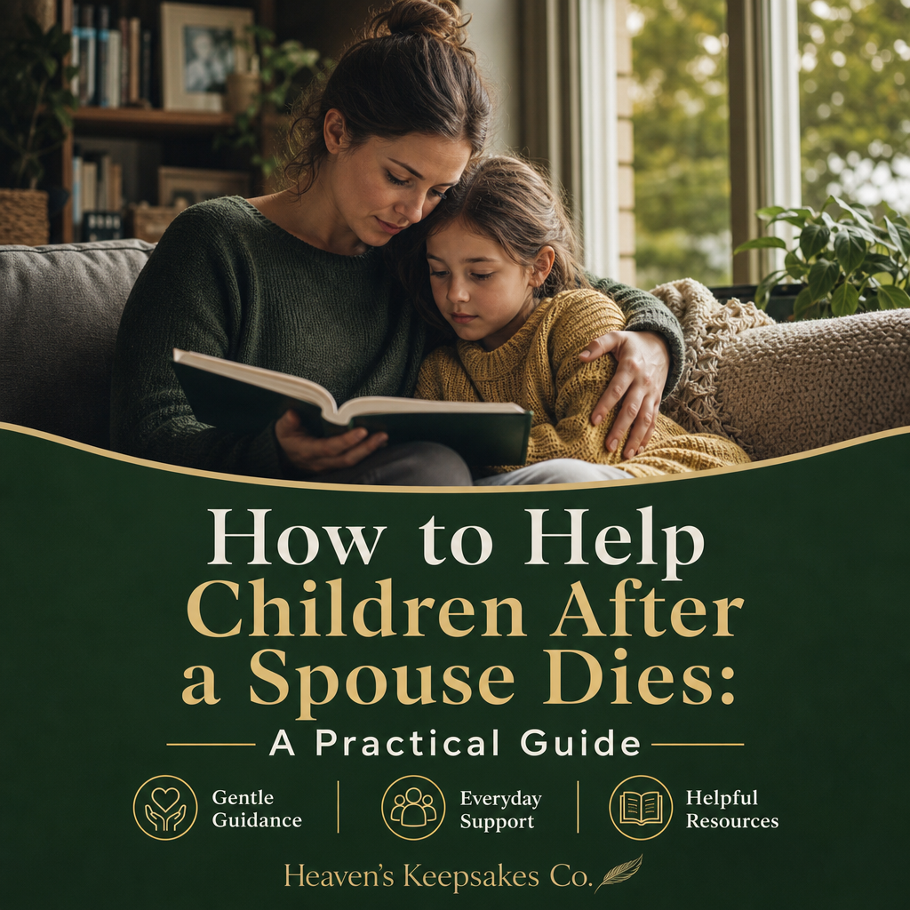 A surviving parent and child look through a memory box together beside the headline “When a Parent Dies: How to Support Children While Grieving the Loss of Your Spouse.”