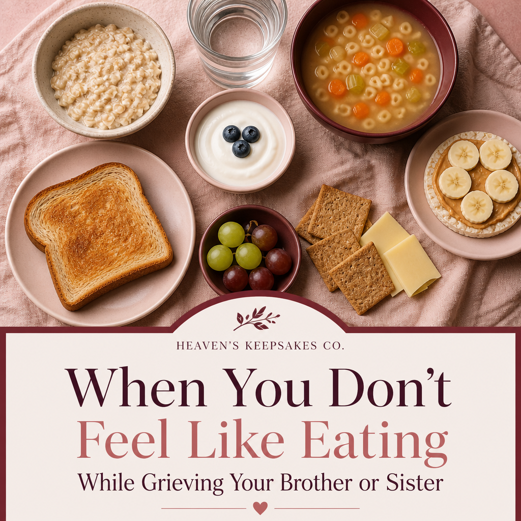 Editorial cover showing a bowl of soup, simple foods, water, and a prepared meal on a warm kitchen table beside a remembrance photograph, with the headline “When You Don’t Feel Like Eating While Grieving Your Brother or Sister.”