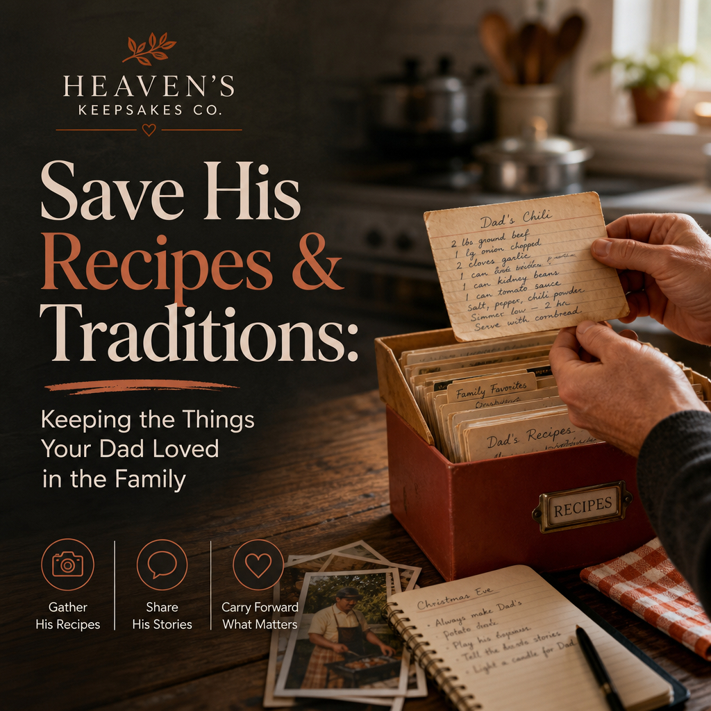 Editorial cover showing handwritten recipes and a family kitchen table beside the headline “Save His Recipes & Traditions: Keeping the Things Your Dad Loved in the Family.”