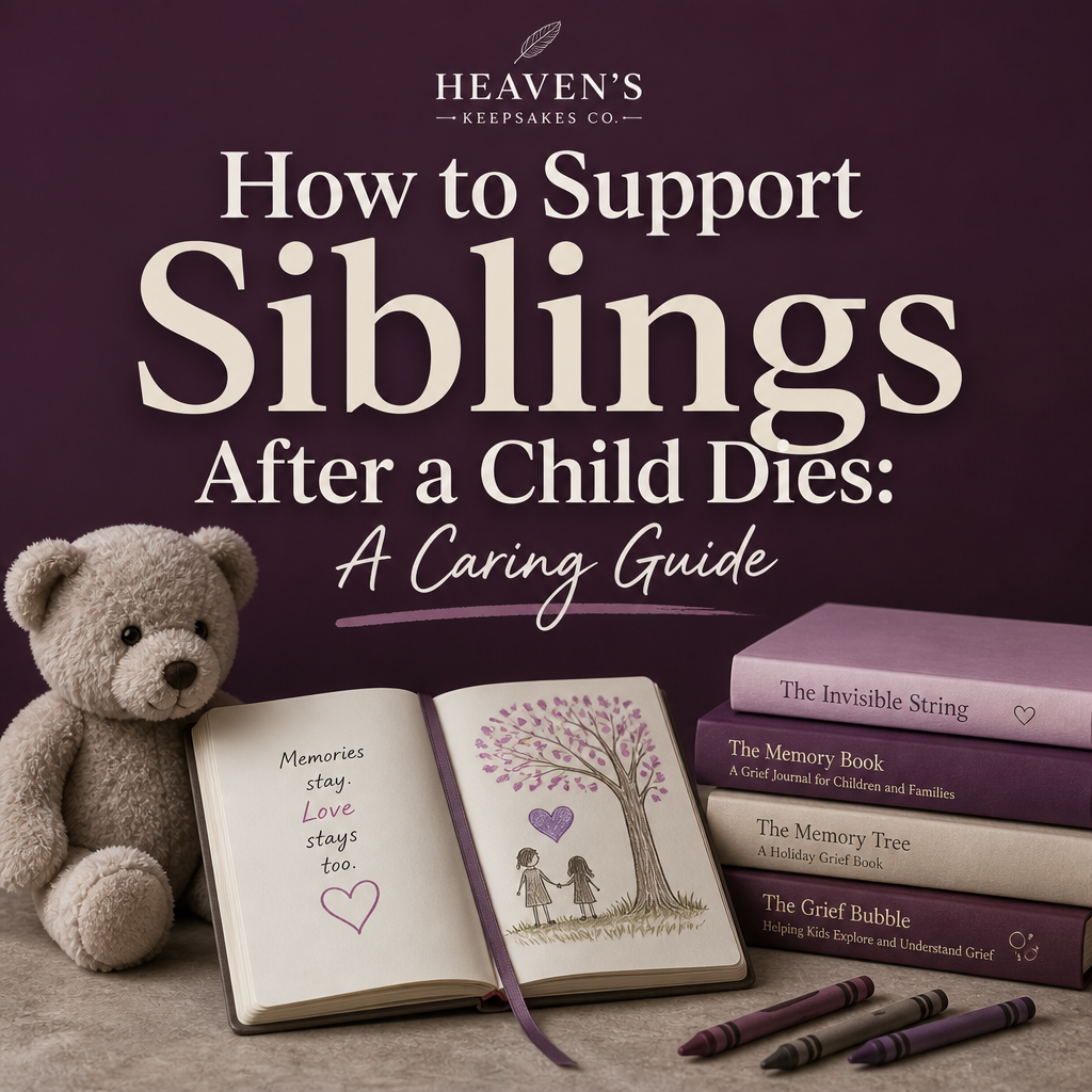 Editorial cover with the headline “When a Child Dies: How to Support Their Surviving Brothers and Sisters” beside an open memory box, child’s drawing, framed photograph, flower, and two hands sharing a remembrance moment.