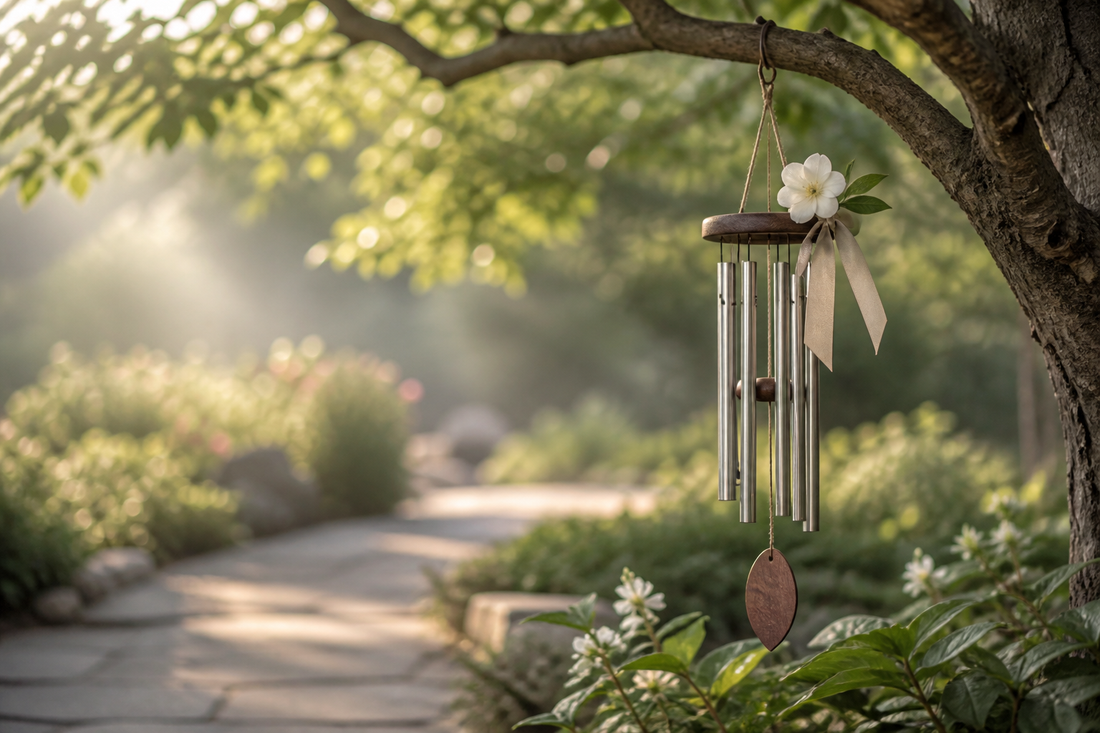 Memorial wind chime hanging peacefully in a sunlit garden
