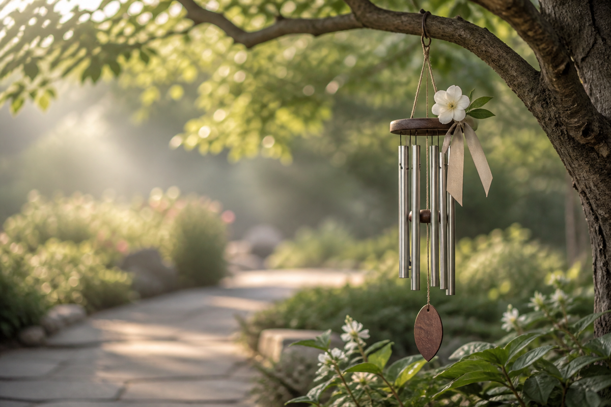 Memorial wind chime hanging peacefully in a sunlit garden