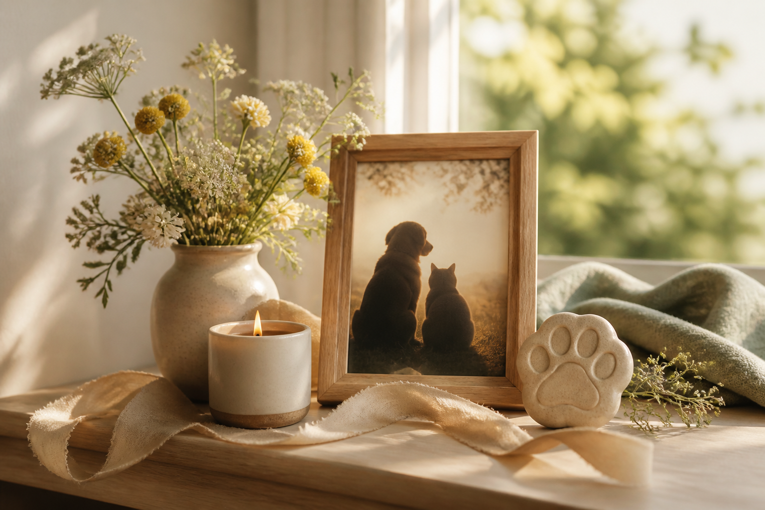 A peaceful remembrance table with pet photos, a candle, flowers, and paw-print keepsakes