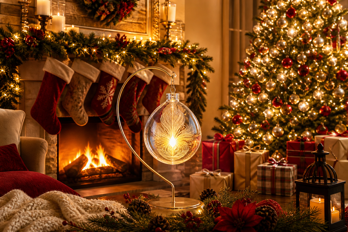 A memorial ornament being hung on a Christmas tree to remember a beloved parent