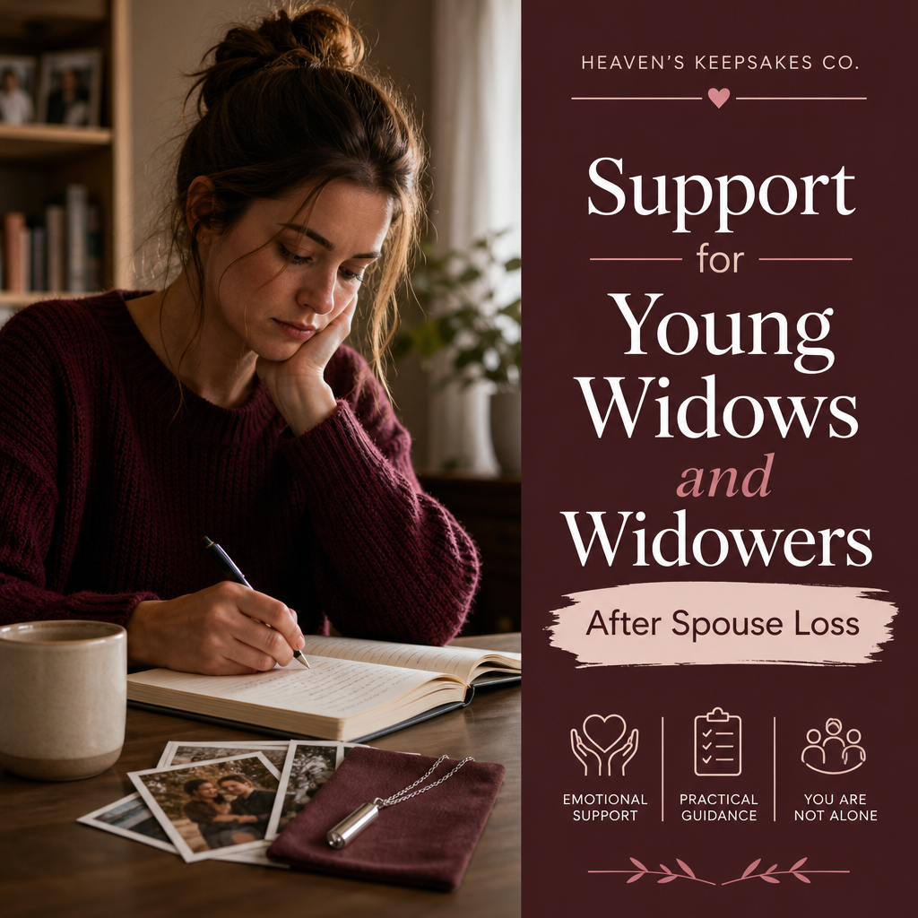 Editorial cover with the headline “Support for Young Widows and Widowers After Spouse Loss” beside a memory box, framed wedding photo, memorial necklace, candle, and cream flowers on a warm ivory tabletop.