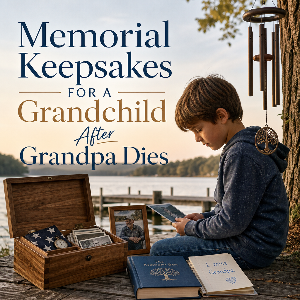 Editorial cover with the headline “Memorial Keepsakes for a Grandchild After Grandpa Dies” beside a wooden memory box holding a grandfather’s watch, photographs, a handwritten note, and a child’s drawing.