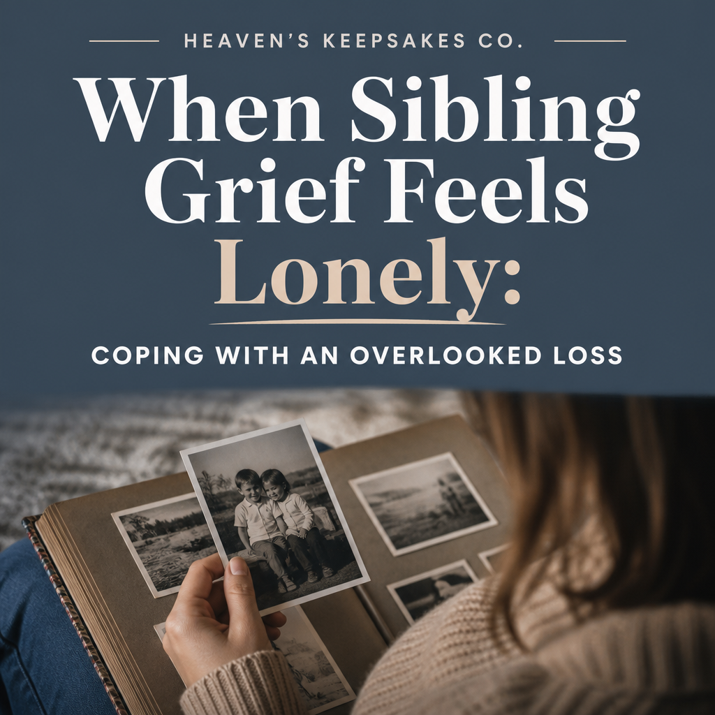 Editorial blog cover reading “When Sibling Grief Feels Lonely: Coping With an Overlooked Loss,” beside childhood photographs, a memory box, flowers, and a handwritten note.