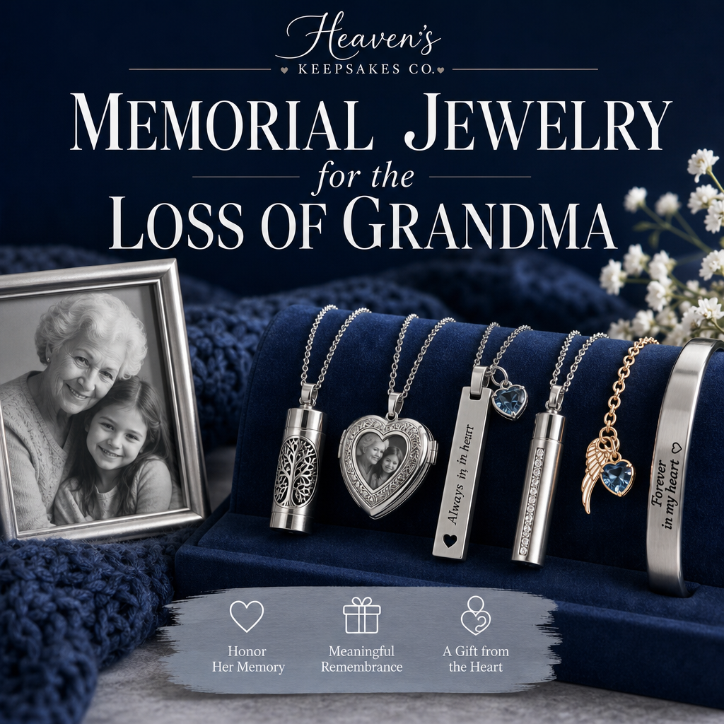 Memorial jewelry, a photo locket, bracelet, framed keepsake, and flowers arranged beside the headline Memorial Jewelry for the Loss of Grandma: Meaningful Options for Grandchildren.