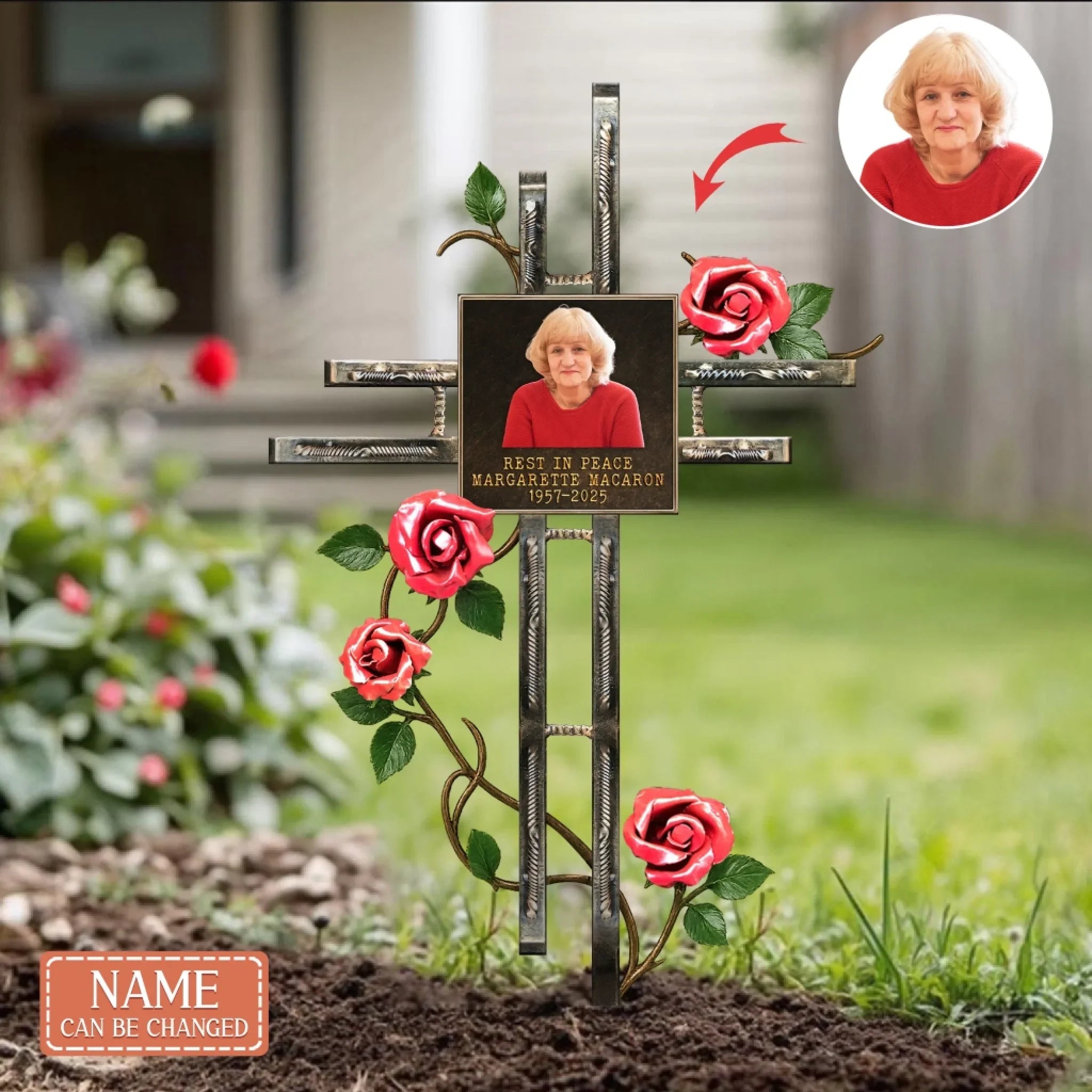 Personalized Memorial Rose Cross Stake Metal Sign - Memorial Gift Idea - Upload Photo