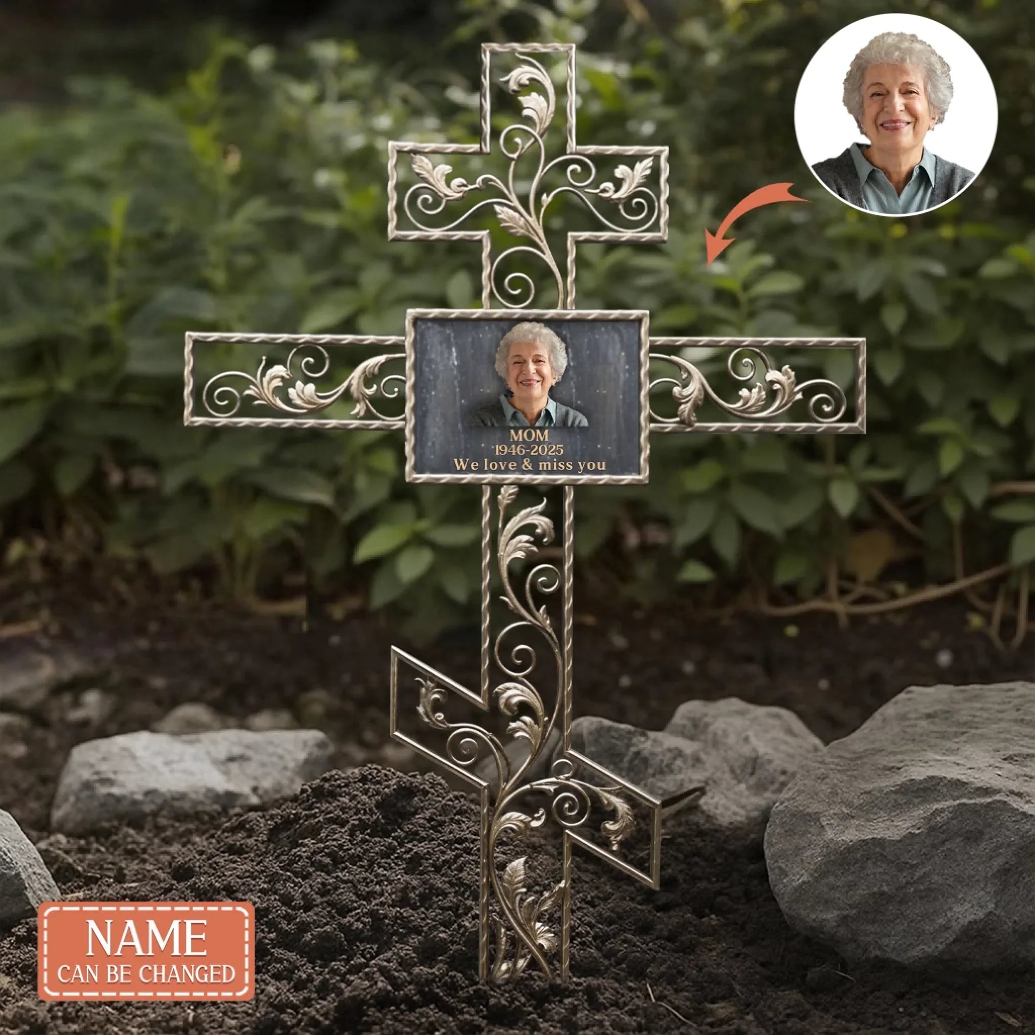 Personalized Vintage Frame Memorial Cross Metal Stake - Memorial Metal Sign - Memorial Gift Idea - Upload Photo