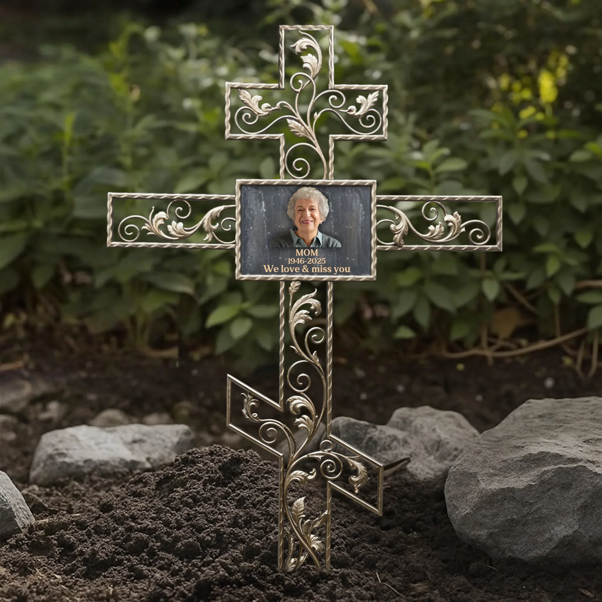 Personalized Vintage Frame Memorial Cross Metal Stake - Memorial Metal Sign - Memorial Gift Idea - Upload Photo