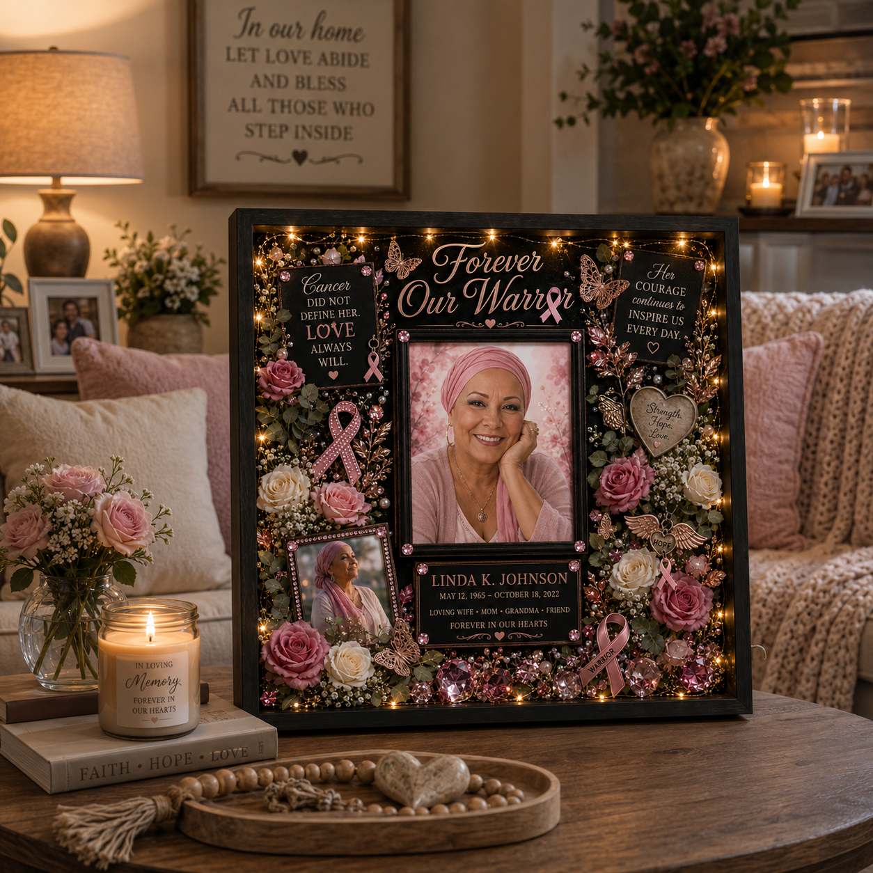 Breast Cancer Memorial Shadow Box | Cancer Remembrance Gift | Forever Our Warrior™