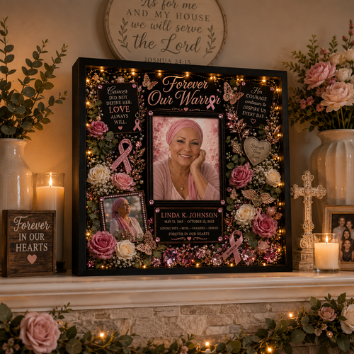 Breast Cancer Memorial Shadow Box | Cancer Remembrance Gift | Forever Our Warrior™