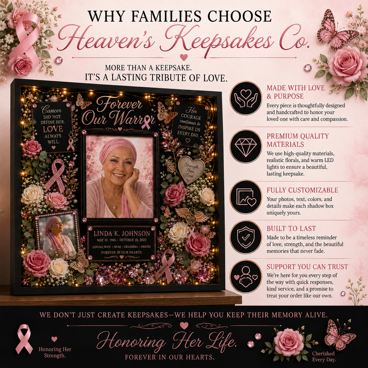 Breast Cancer Memorial Shadow Box | Cancer Remembrance Gift | Forever Our Warrior™