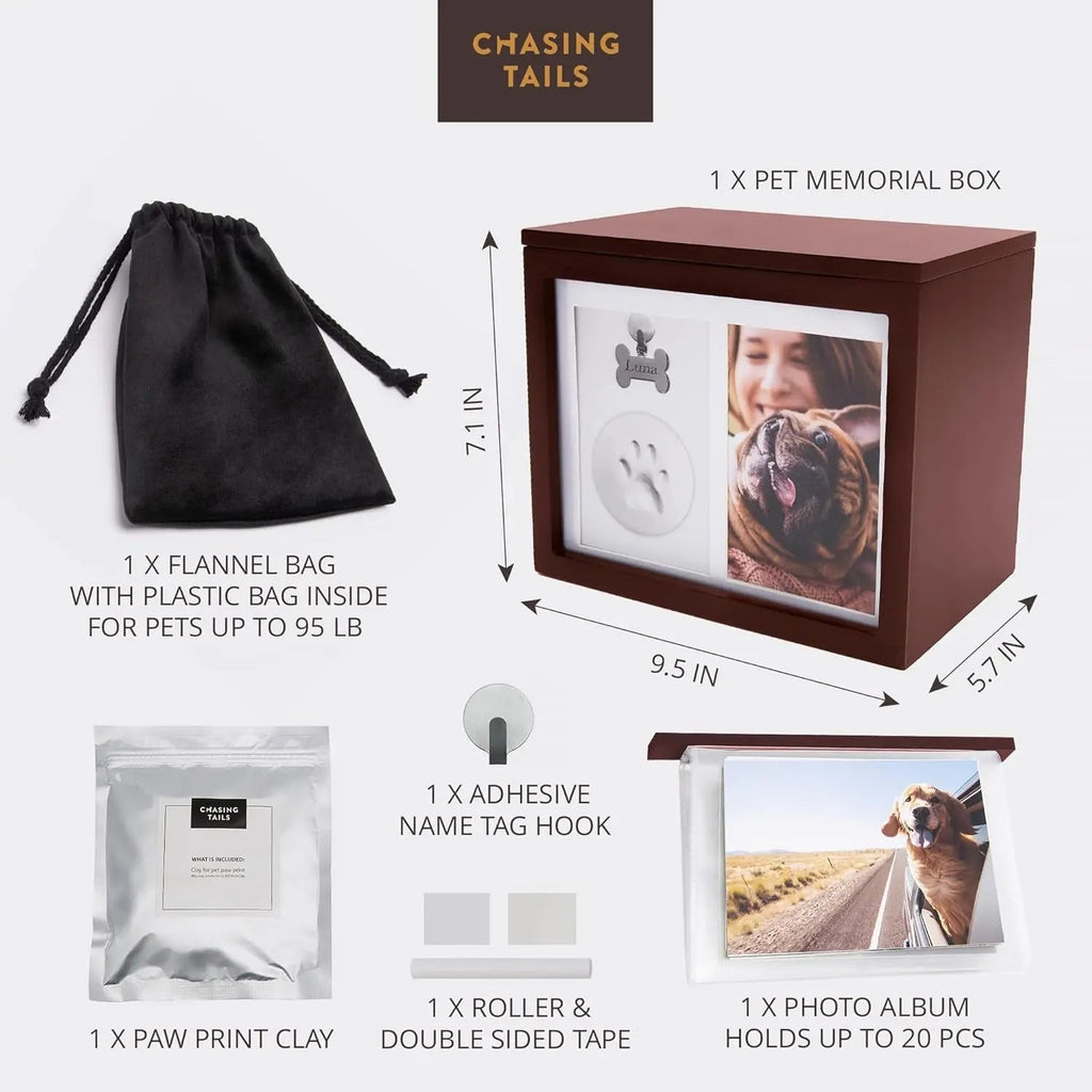 Pet Memorial Urn & Keepsake Box with Photo Frame, Paw Print Kit & Album