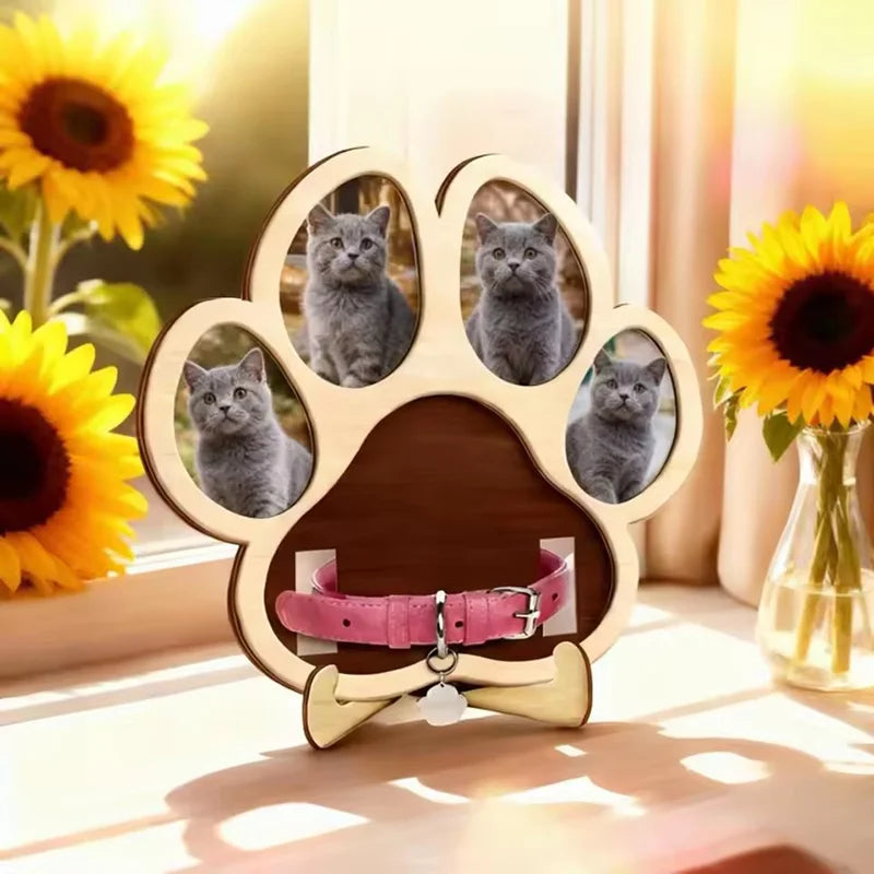 Wooden Pet Paw Photo Frame Dog Cat Collar Holder Memorial Keepsake Picture Display Stand Remembrance Gift Collage Display Stand