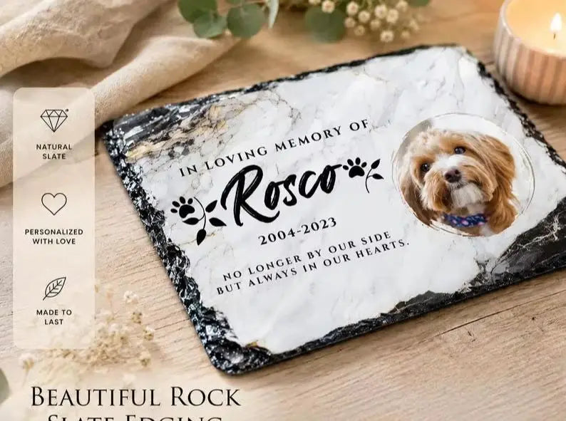 Personalized Pet Memorial Stone Custom Photo Engraved With Paw Prints Dog Cat Loss Remembrance Sympathy Gift Garden Grave Marker