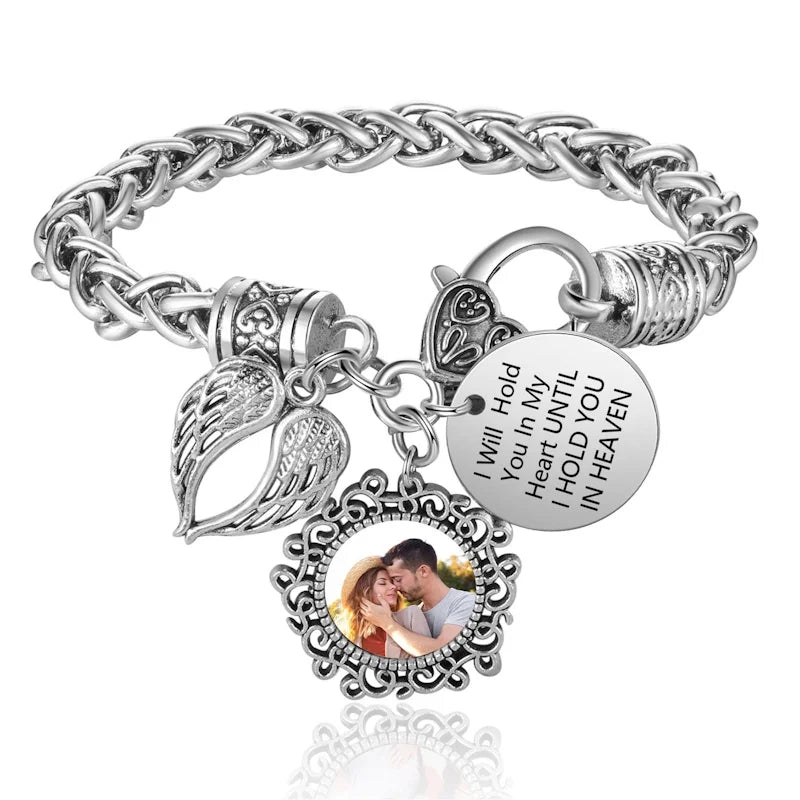 Always With Me Personalized Memorial Photo Bracelet – Angel Wing Remembrance Jewelry