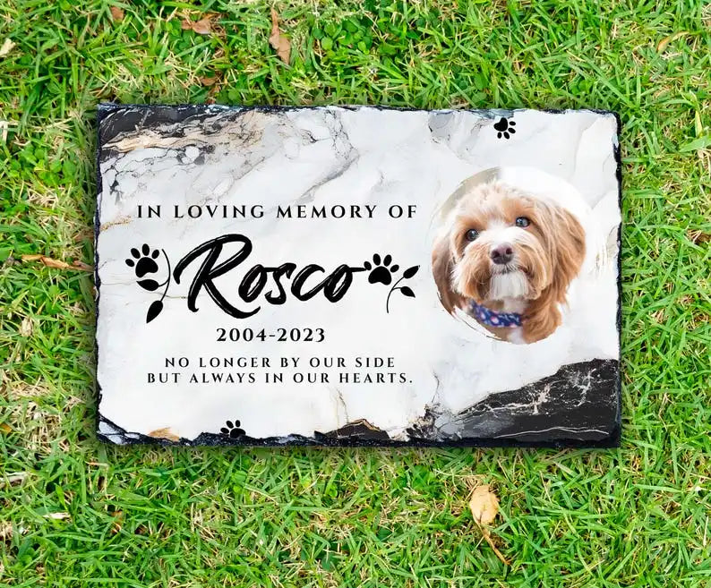 Personalized Pet Memorial Stone Custom Photo Engraved With Paw Prints Dog Cat Loss Remembrance Sympathy Gift Garden Grave Marker