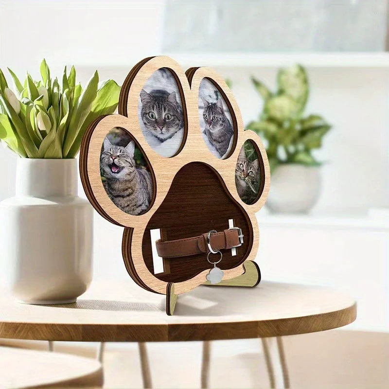 Wooden Pet Paw Photo Frame Dog Cat Collar Holder Memorial Keepsake Picture Display Stand Remembrance Gift Collage Display Stand